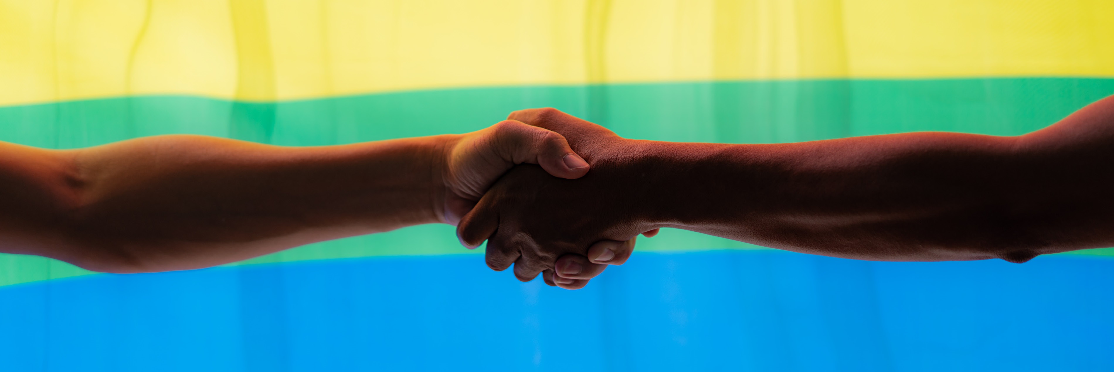 Two hands shaking with Pride flag in background