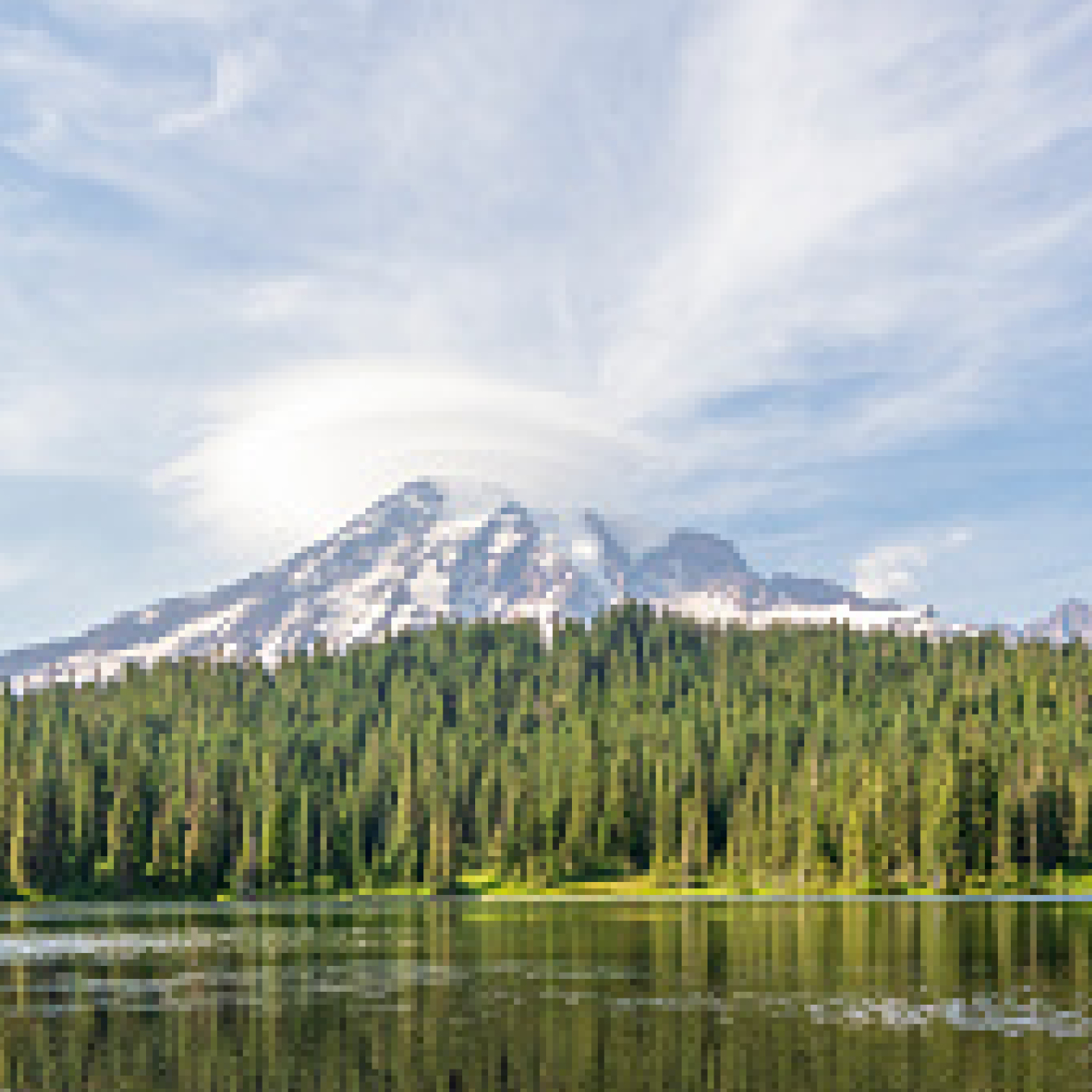 Mountain overlooking a forest and lake